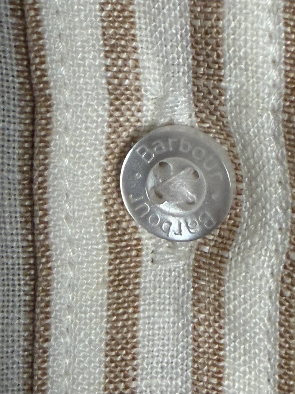 Barbour Striped Button Up 100% Linen Shirt Tan Beige Women’s 12 TINY STAIN